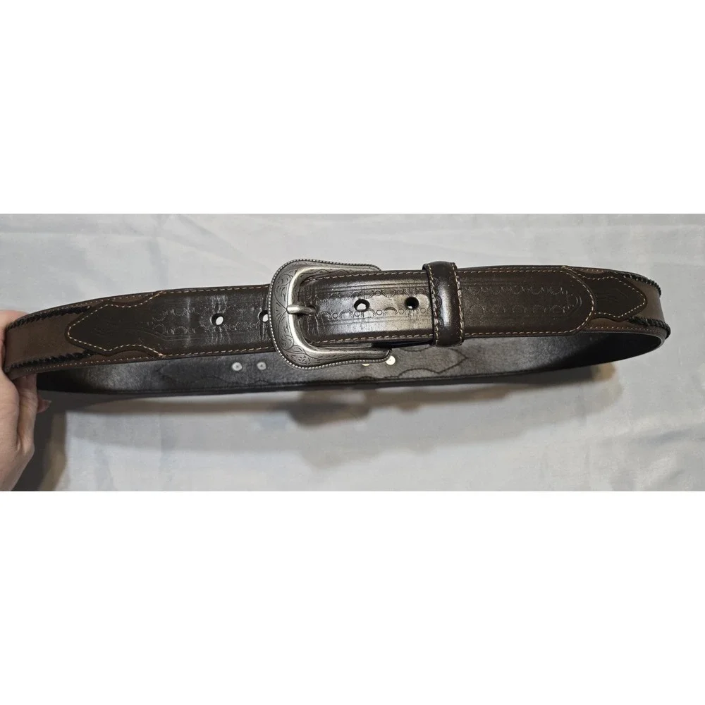 Western Work Leather And Metal Tooled Mens Belt Large 38-40 Brown Buckle